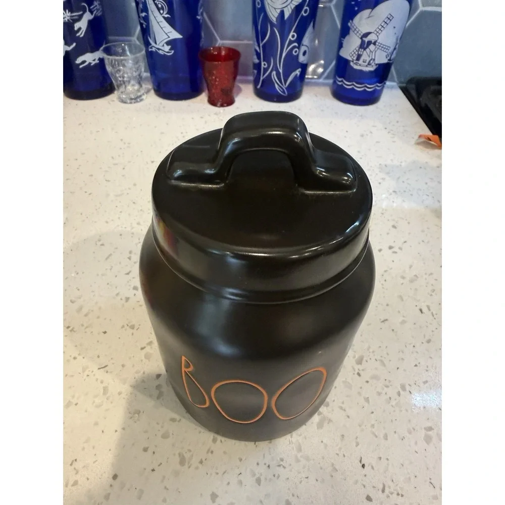 Rae Dunn Artisan Collection Small Black Orange Boo Canister Halloween Decor  NWT